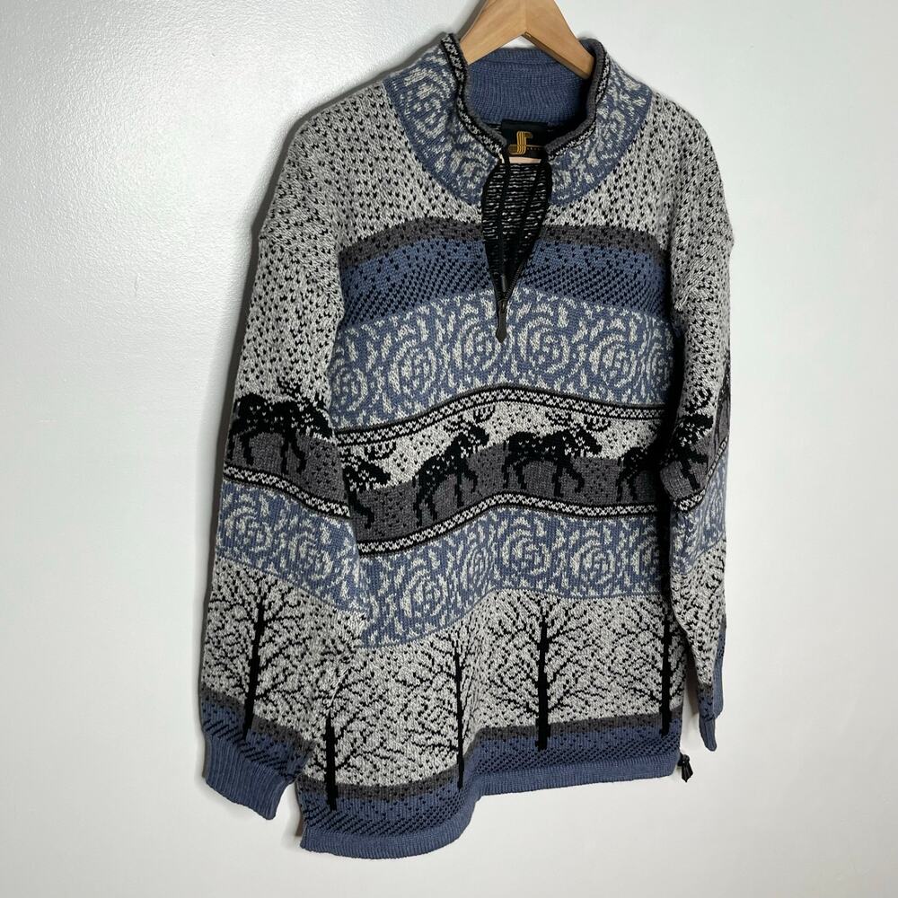 Vintage Levandi Quarter Zip Wool Sweater Mens Medium Blue Moose Fair Isle Cabin - Picture 2 of 10